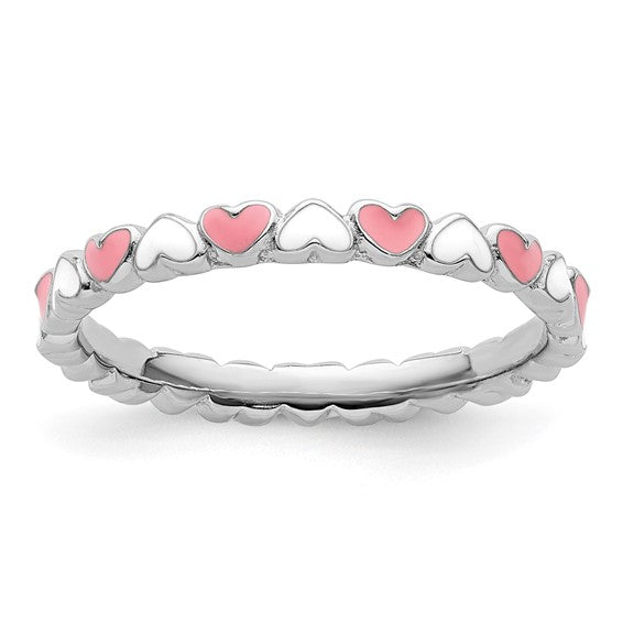 Sterling Silver Stackable Expressions Pink and White Enamel Heart Ring
