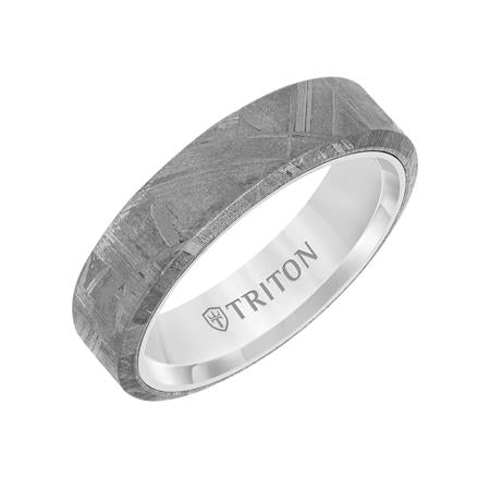 Men's 6mm Band With White Tungsten Base And  Bevel Edge Meteorite