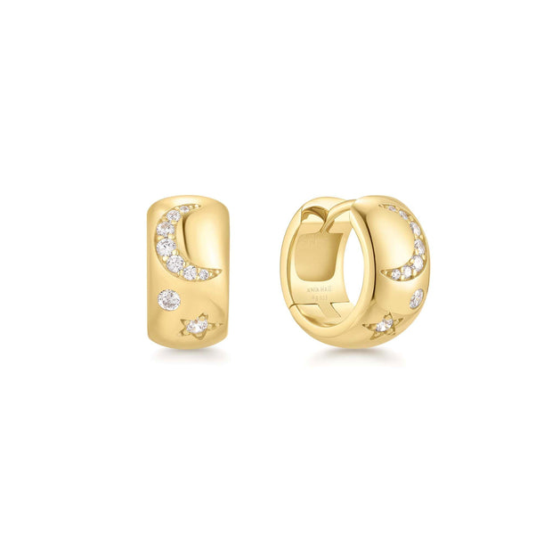 Sterling Silver Yellow Gold Plated CZ  Celestial Chunky Huggie Hoop Ea