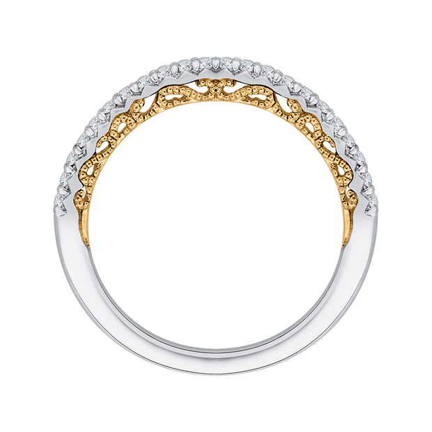 14Kt White Carizza Wedding Band with Yellow Gold Filigree and 23 Round Prong Set Diamonds .22Ct TDW SI1 GHgoes with 100-1180