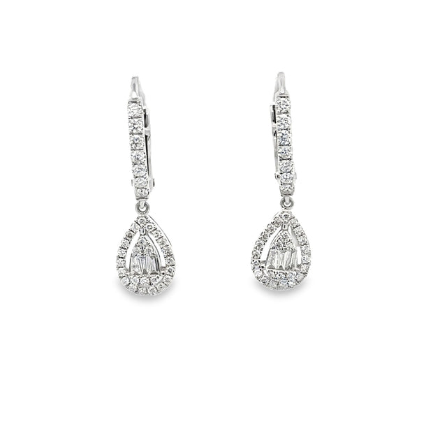 Lady's White 14 Karat Diamond Huggie Hoop With Pear Shaped Dangle Earr