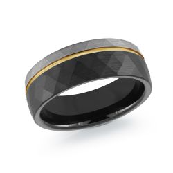 Black Tungsten Band 8mm With Grey and Gold Plated Stripe Hammered Fini