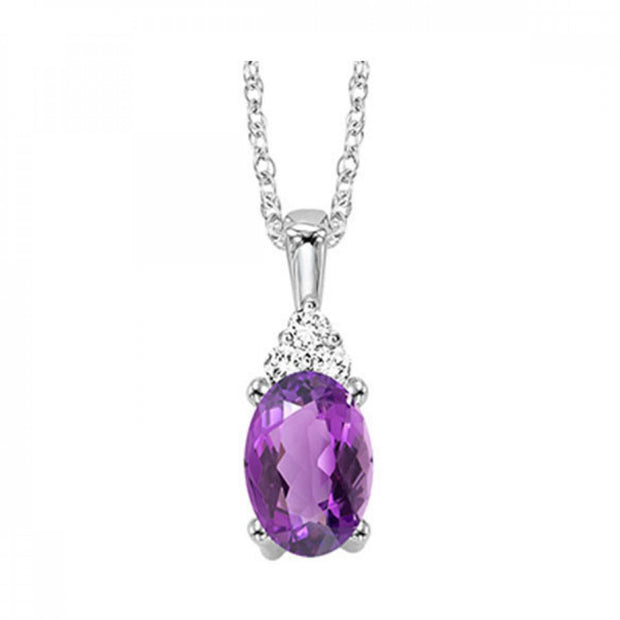 10kt White Gold Oval Amethyst and 3 Round Diamond Pendant .03tdw H/I I