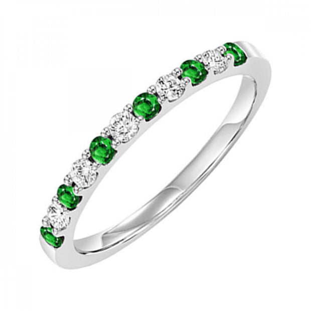 10kt White Gold Prong Set Band With 8 Round Emeralds .18ct And 9 Round Diamonds .22tdw