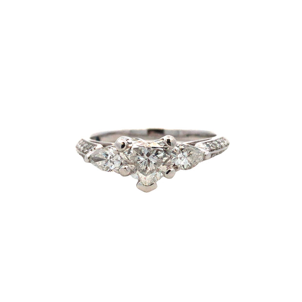 14Kt White Gold Engagement Ring With 1 - Heart Shape = 1.00Ct, I1 In Clarity With E Color; 2 Pear Shape Diamonds