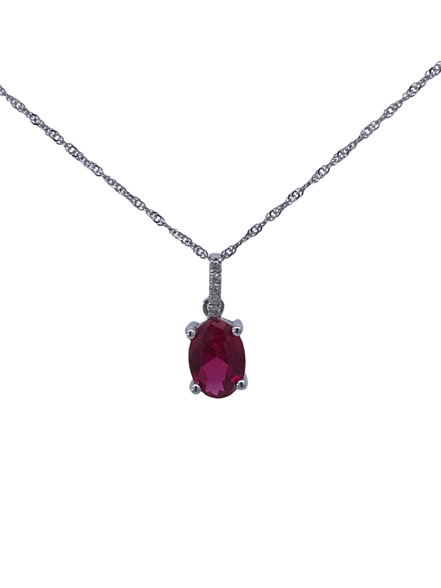 14kt White Gold Pendant With 1 5x7 Oval Lab Created Ruby .92ct and 5 Round Diamonds .02tdw GH SI2