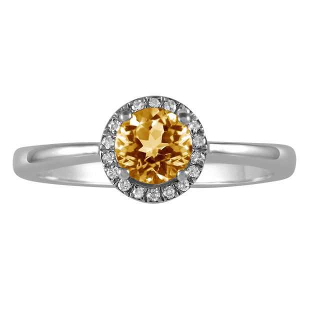 10Kt White Gold Ring With Genuine Round Citrine Surrounded By 18 Round Diamonds .07Ct Tdw I1 HI.