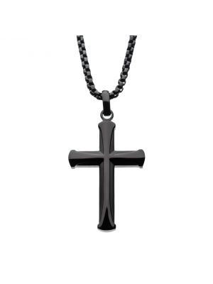 Men's Black Plated Apostle Cross Pendant with Black Bold Box Chain 24 inch long