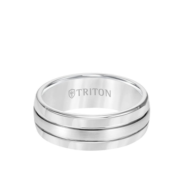 White Tungston Carbide 8mm Band With Brushed Finish And Horizontal Engraved Lines.