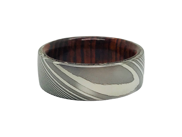 8mm Twisted Damascus Steel Pipe Cut Ring with Cocobolo Wood Interior Size 10
