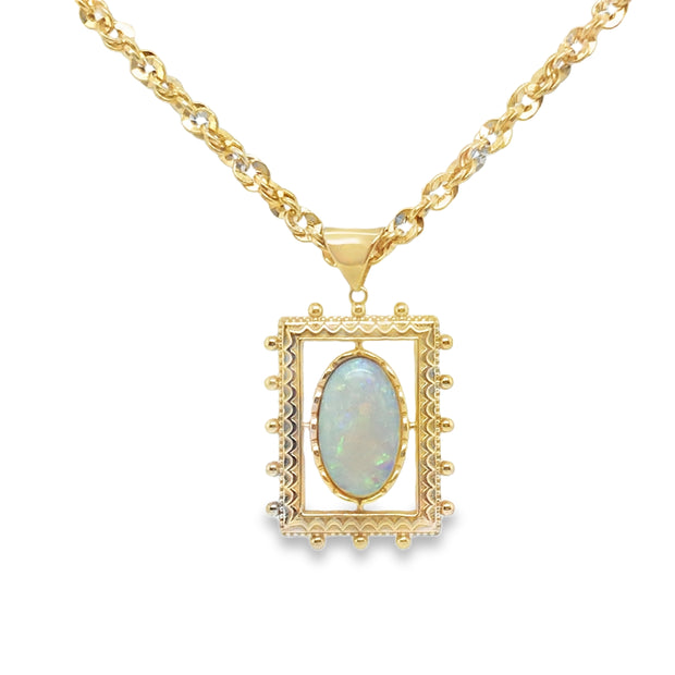 Vintage 14Kt Yellow Gold Necklace With A Framed Bezel Set Oval Opal Me