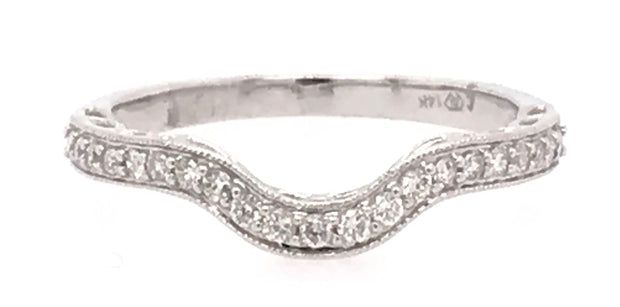 14Kt White Gold Diamond Wedding Band With 21 Round Diamonds Tapering Down The Sides .16Ct Tdw I1 HI, Size 6.5 Goes With 100-911