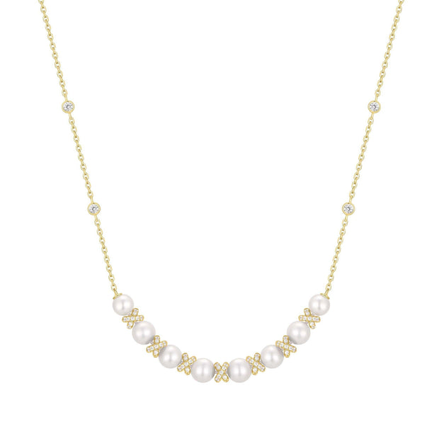 Sterling Silver Yellow Gold Plated  Sparkling Braided Shell Pearl Neck