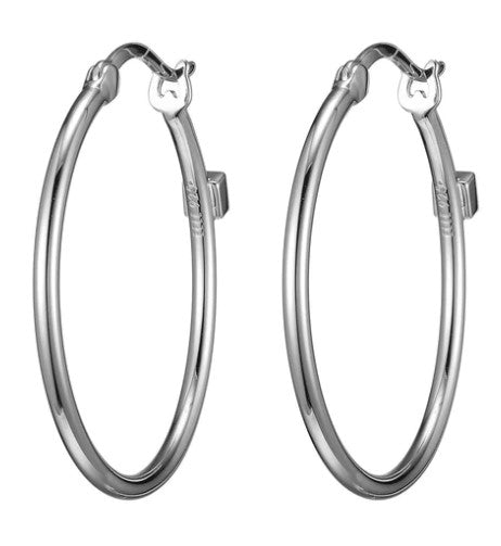 Sterling Silver 30mm Hoop Earrings, Round Wire, Rhodium Plated