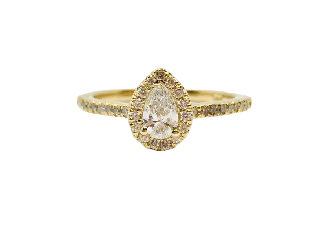 14Kt Yellow Gold Engagement Ring with Pear Shaped Center and Halo of 15 Round Prong Set Diamonds with 18 Round Prong Set Diamonds down the Shoulder .55Ct TDW SI1 GHGoes with WB 110-1394
