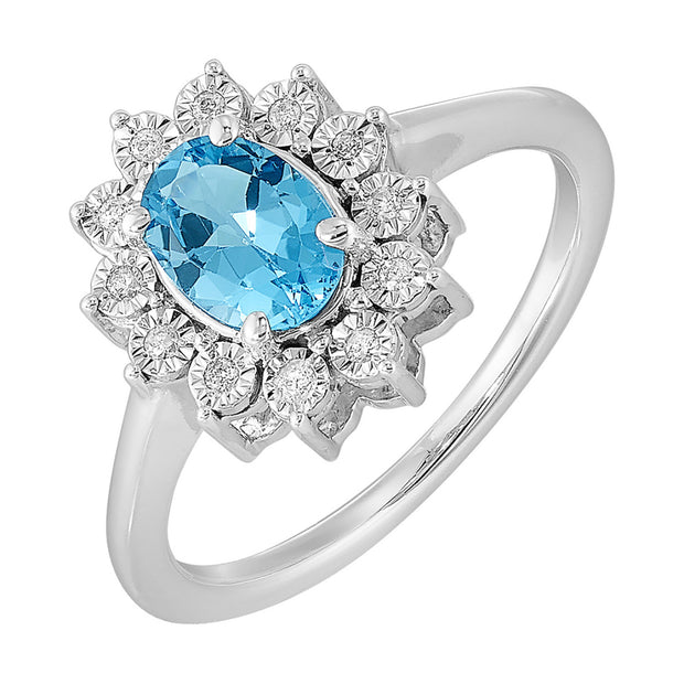 Sterling Silver Ring With Oval Blue Topaz 1.00ct Surrounded By 12 Roun
