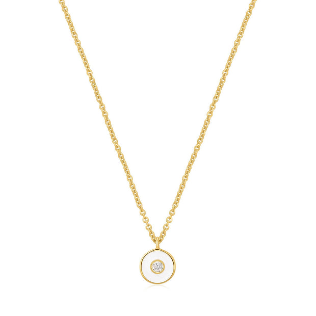 Sterling Silver 14Kt Gold Plated Bright Future Optic White Enamel Disc Necklace