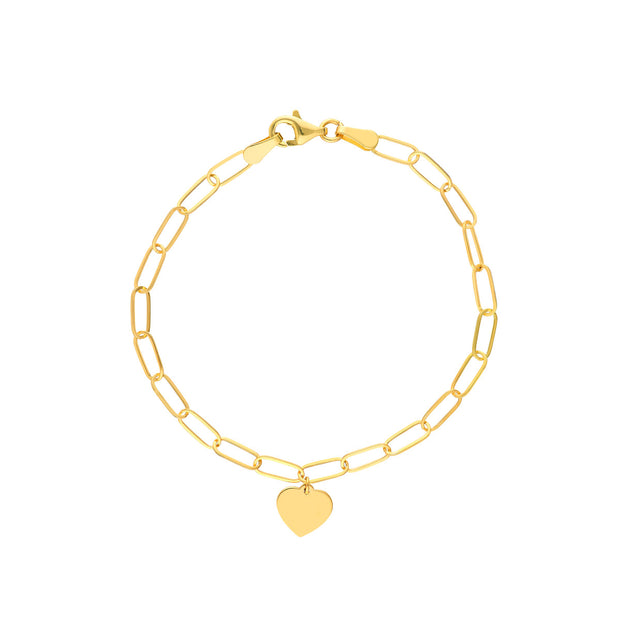14kt Yellow Gold Heart Charm Paperclip Bracelet 7.5 Inch