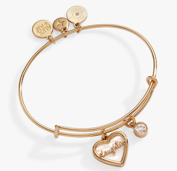 Yellow Tone Bangle With "Daughter" Mother Of Pearl Heart Charm