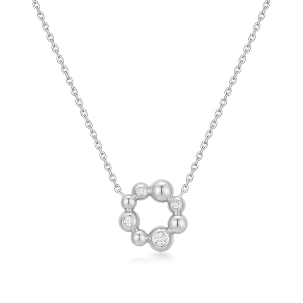 Sterling Silver CZ Asymmetric Beaded Circle Necklace