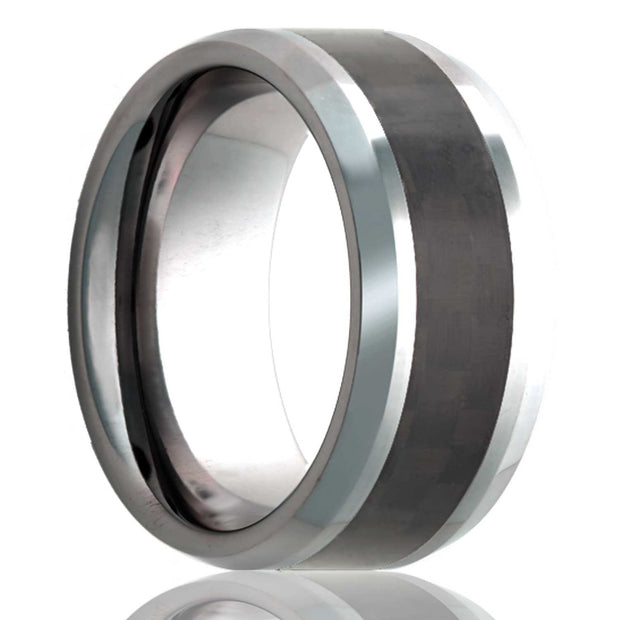 8mm Tungsten Carbide Beveled Edge Ring With Carbon Fiber Inlay Center Size 10