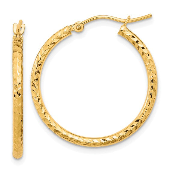 10k Yellow Gold Diamond-cut 2x25mm Round Tube Hoop Earrings