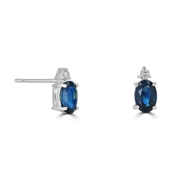 14kt White Gold Earrings With 4x6 Oval Sapphire 1.07ct and 2 Round Dia