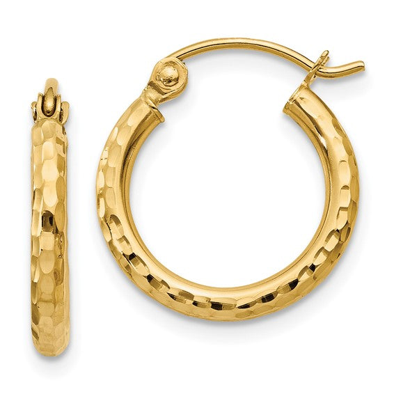 10k Yellow Gold Diamond-cut 2x15mm Round Tube Hoop Earrings