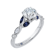 14K White Gold Round Diamond Engagement Ring Mounting With 4 Sapphires