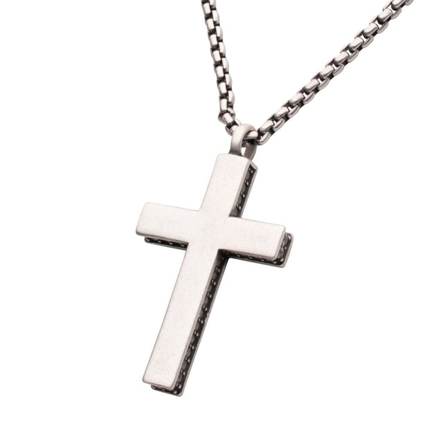 Sterling Silver Side Gem (CZ) Cross Pendant with Antiqued Finish Box C