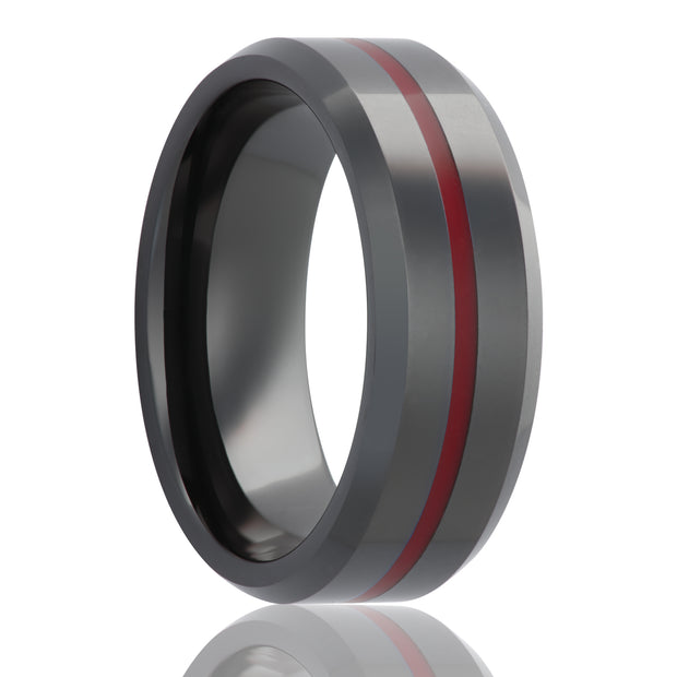 8mm Black Ceramic Beveled Edge Ring with Red Epoxy Center Inlay Size 12