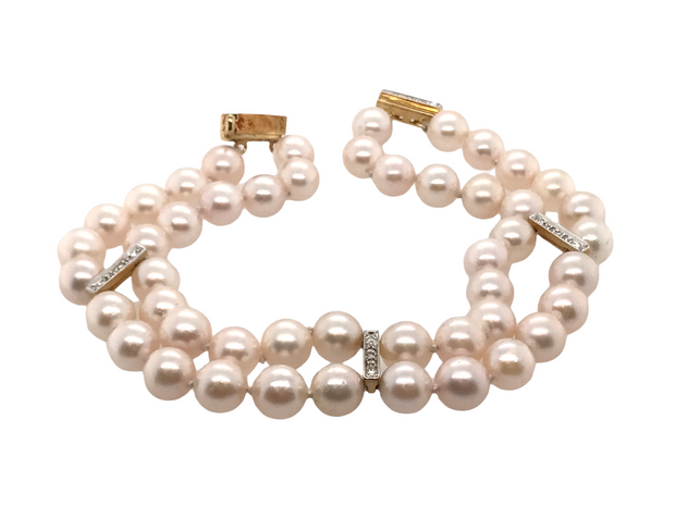7.5" Double Strand Cultured Pearl Bracelet Contains 48 - 7.58mm A+ Quality Pearls With 4 14Ky Separators With 4 Br Each, 16Br @ .08Ctw Si2 I RETAIL 2699  ESTATE 1699