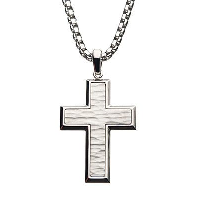 Men's Matte Stainless Steel Hammered Design Cross Pendant with 22 inch