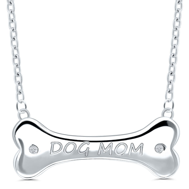 Sterling Silver Dog Bone Necklace Engraved "Dog Mom" And 2 Diamonds .0