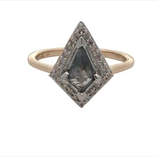14kt Yellow Gold Ring With .67ct Kite Shape Center Salt And Pepper Diamond Surrounded By 24 Round Diamonds .89tdw