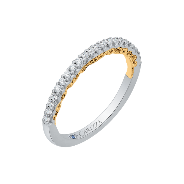 14Kt White Carizza Wedding Band with Yellow Gold Filigree and 23 Round Prong Set Diamonds .22Ct TDW SI1 GHgoes with 100-1180