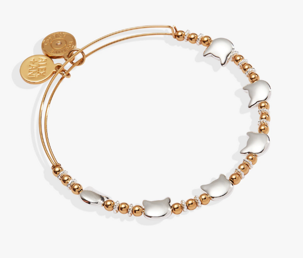 Two Tone Sterling Silver Bangle With Cat Head Charms