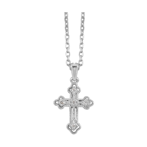 Sterling Silver Filagre Design Cross With 5 Round Diamonds .05tdw I/J
