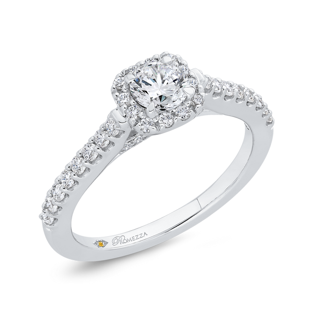 14Kt White Gold Engagement Ring With Halo Of 16 Round Prong Set Diamonds With 8 Round Prong Set Diamonds Down Each Side And 7 Rounds On Each Side Of The Under Carriage .40 Tdw G-H Si1 Goes With 110-1516; center setting for 5mm round