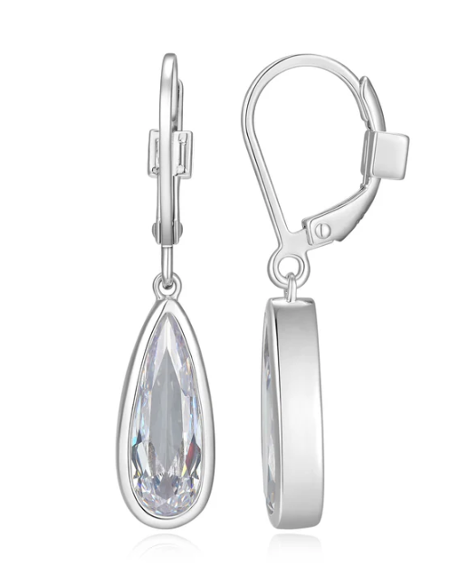 Sterling Silver  Lustre Teardrop Leverback Drop Earrings CZ