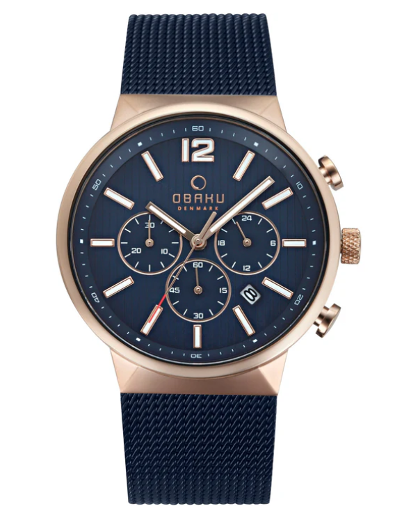 Men's Watch With Rose Gold Case, Navy Blue Dial, Mineral Crystal, and