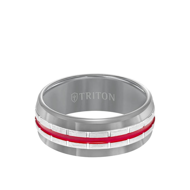 8.5mm Gun Metal Gray Tungsten Carbide Comfort Fit Band With Vertical Grooves, Fire Red Center Stripe And Satin Finish