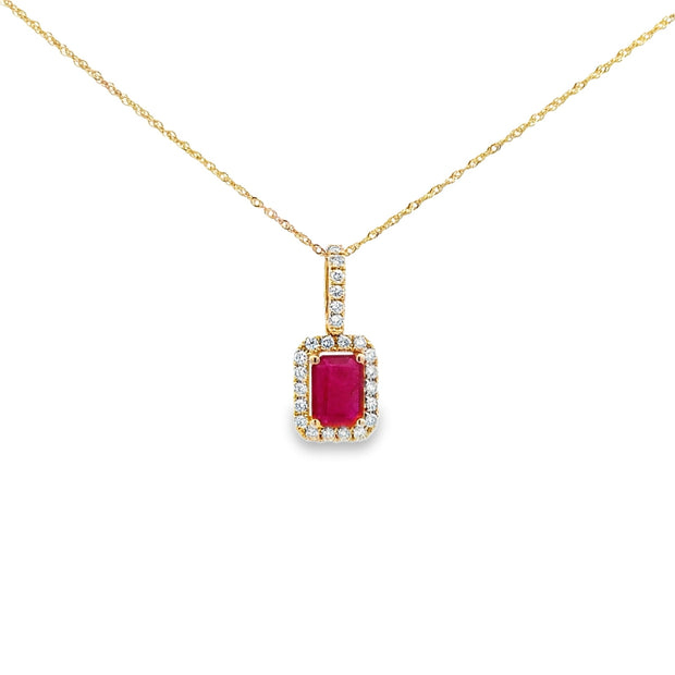 Lady's Yellow 14 Karat Ruby Pendant Length 18 With One = 0.99Ct Emeral