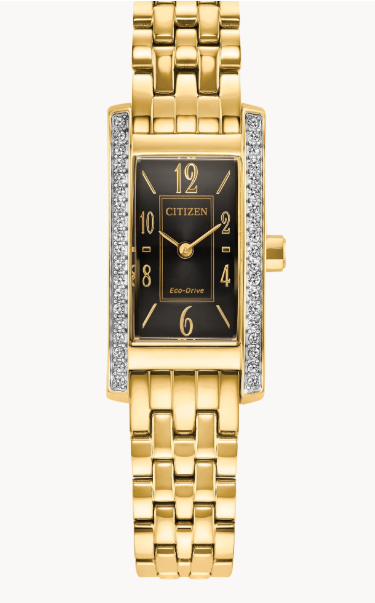 Stainless Steel Gold Plated Enlongated shaped Face With Black Dial and