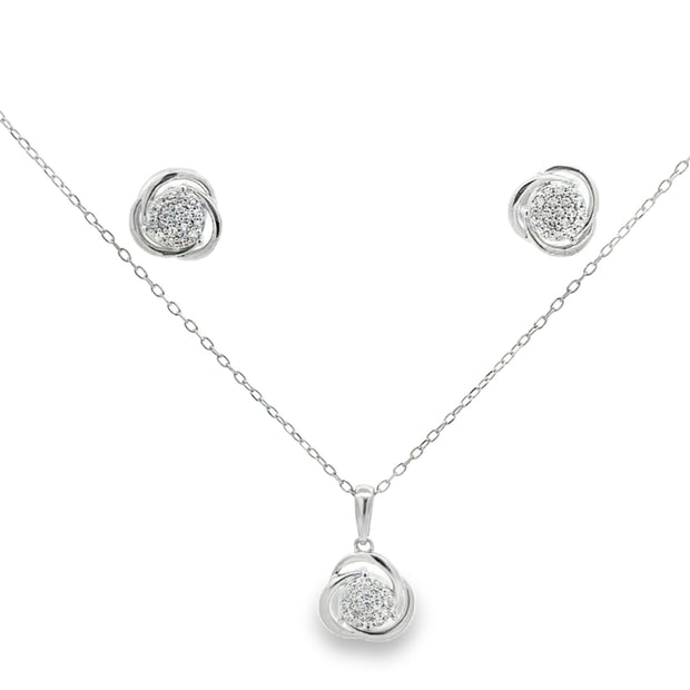 White Sterling Silver Diamond Swirl Cluster Pendant And Earring Set Le