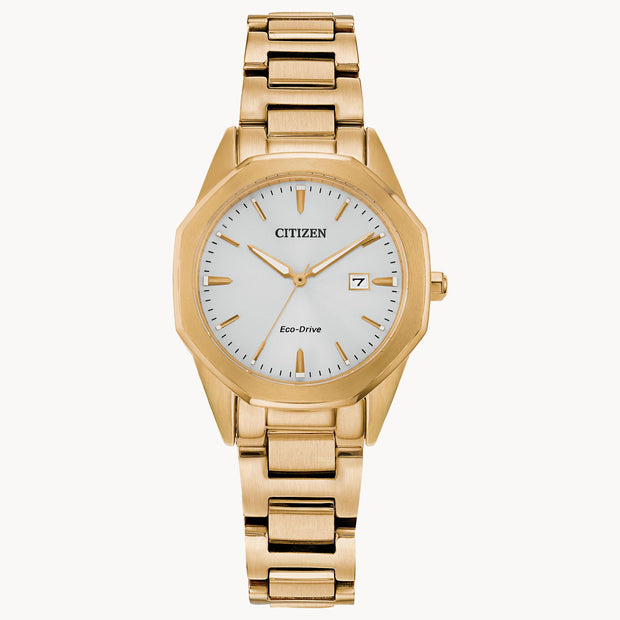 Ladies Gold-Plated Stainless Steel Band And Case, And Silver-White Luminous Dial, This Watch Makes A Bold Statement While Perfectly Accenting Any Outfit It’S Paired With.