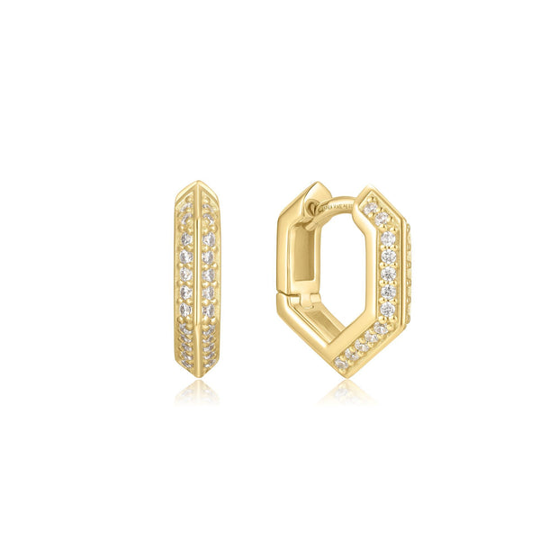 Sterling Silver Yellow Gold Plated Sparkling Shield CZ Huggie Hoop Ear