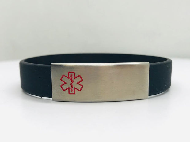 Black silicone Red enamel brushed medical bracelet page. 188