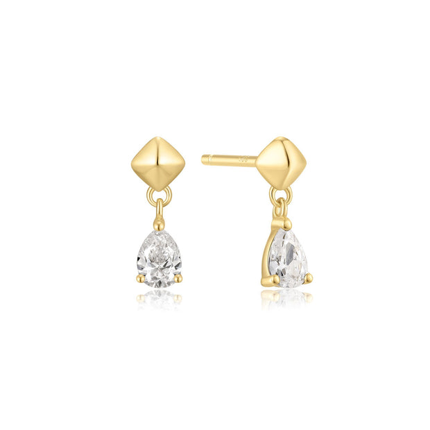 Sterling Silver Yellow Gold Plated  Pyramid Dangle Threaded CZ Stud Ea