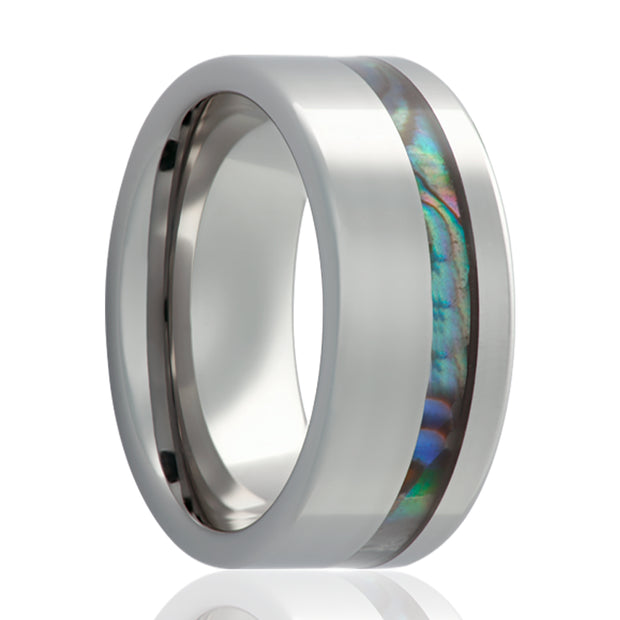 8mm Tungsten Carbide Pipe Cut Ring With Offest Abalone Inlay Size 10